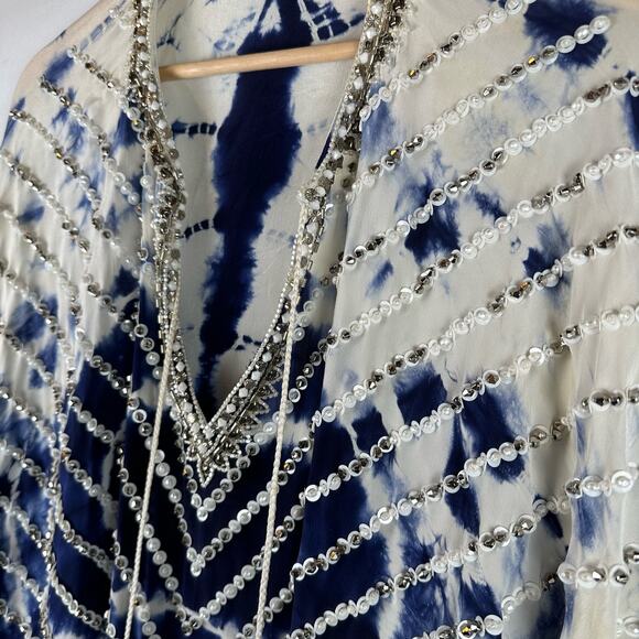 Taj by Sabrina Crippa Blue and White Beaded Kaftan Silk Blouse Size S Cover Up - Picture 5 of 16
